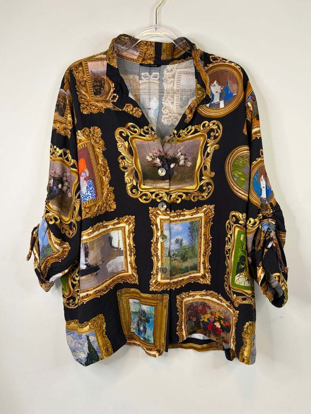 John Mark Framed Art Novelty Print Blouse Wire Collar Button Front Plus Size 3X